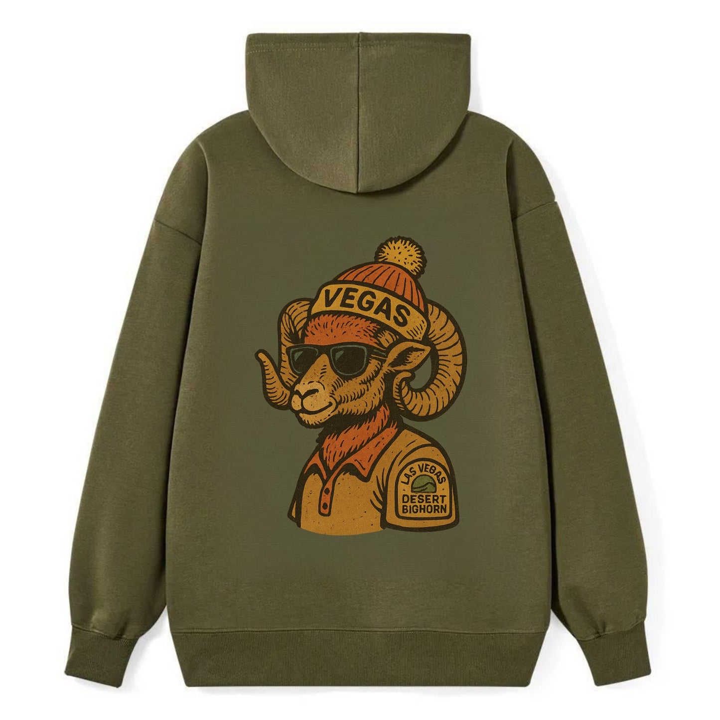 Las Vegas Desert Bighorn wearing Vegas beanie with pom pom and wayfarer - Classic Pullover Hoodie - ArmyGreen