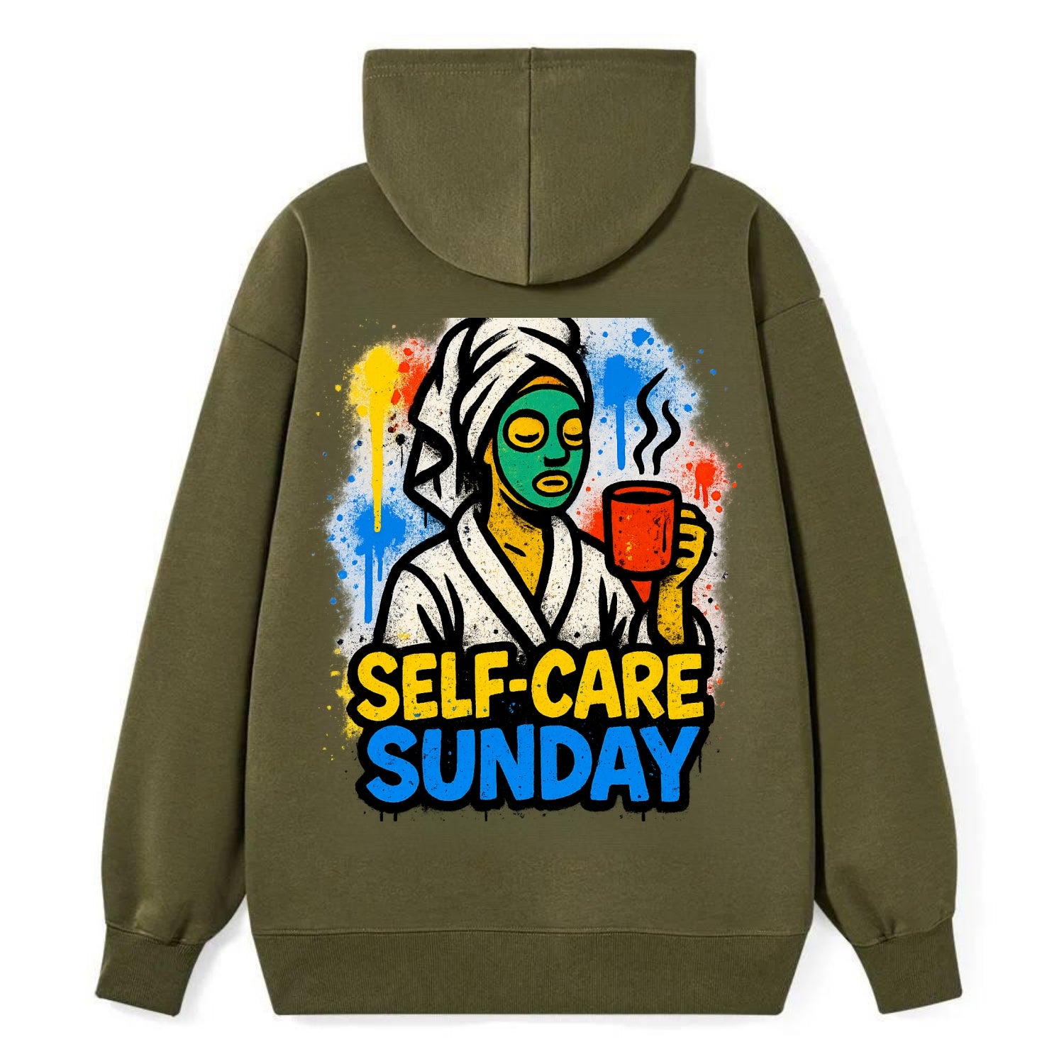 Person in bathrobe with face mask and tea - self-care Sunday ritual, - Classic Pullover Hoodie - ArmyGreen