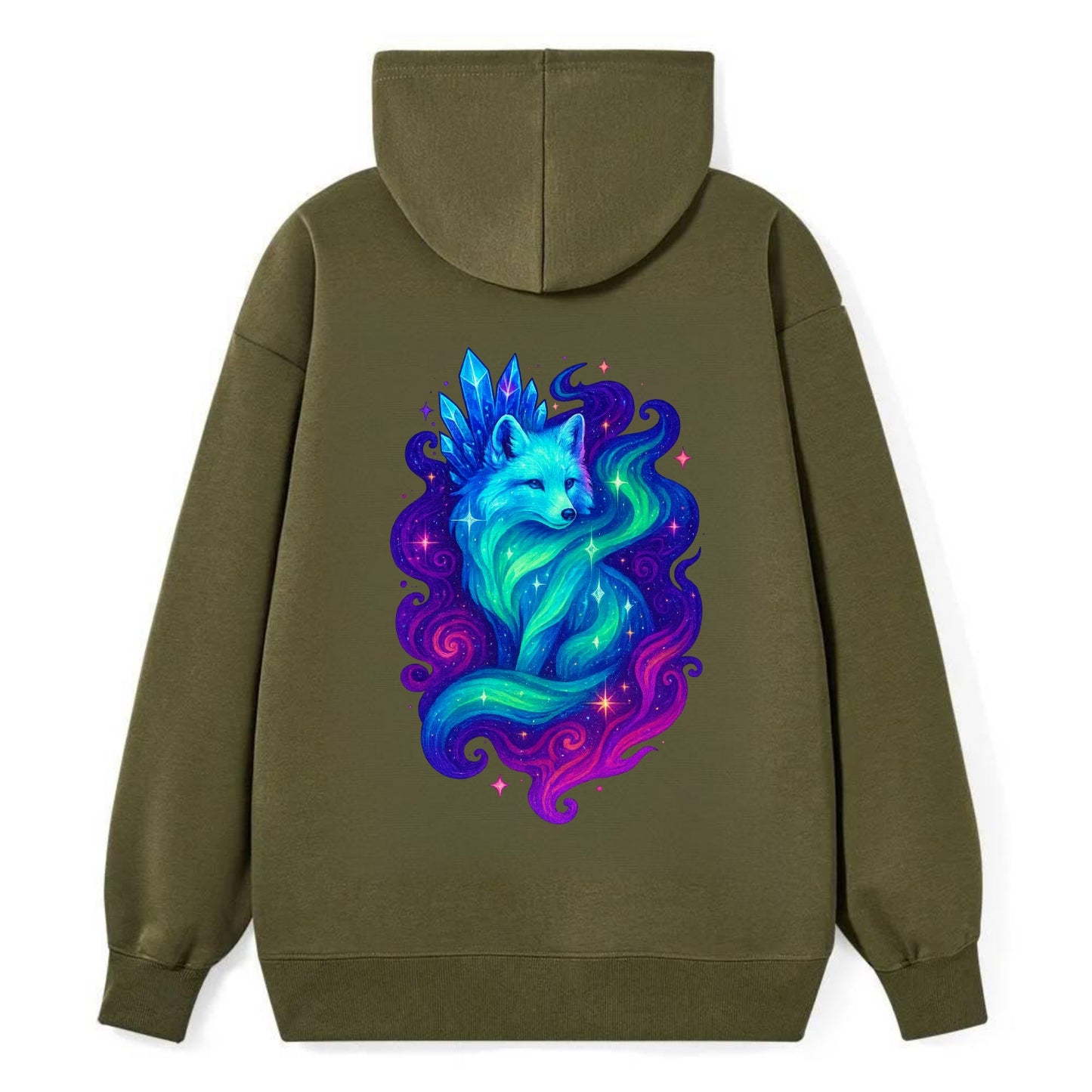Ethereal arctic fox with fur that transforms into crystal formations, - Classic Pullover Hoodie - ArmyGreen