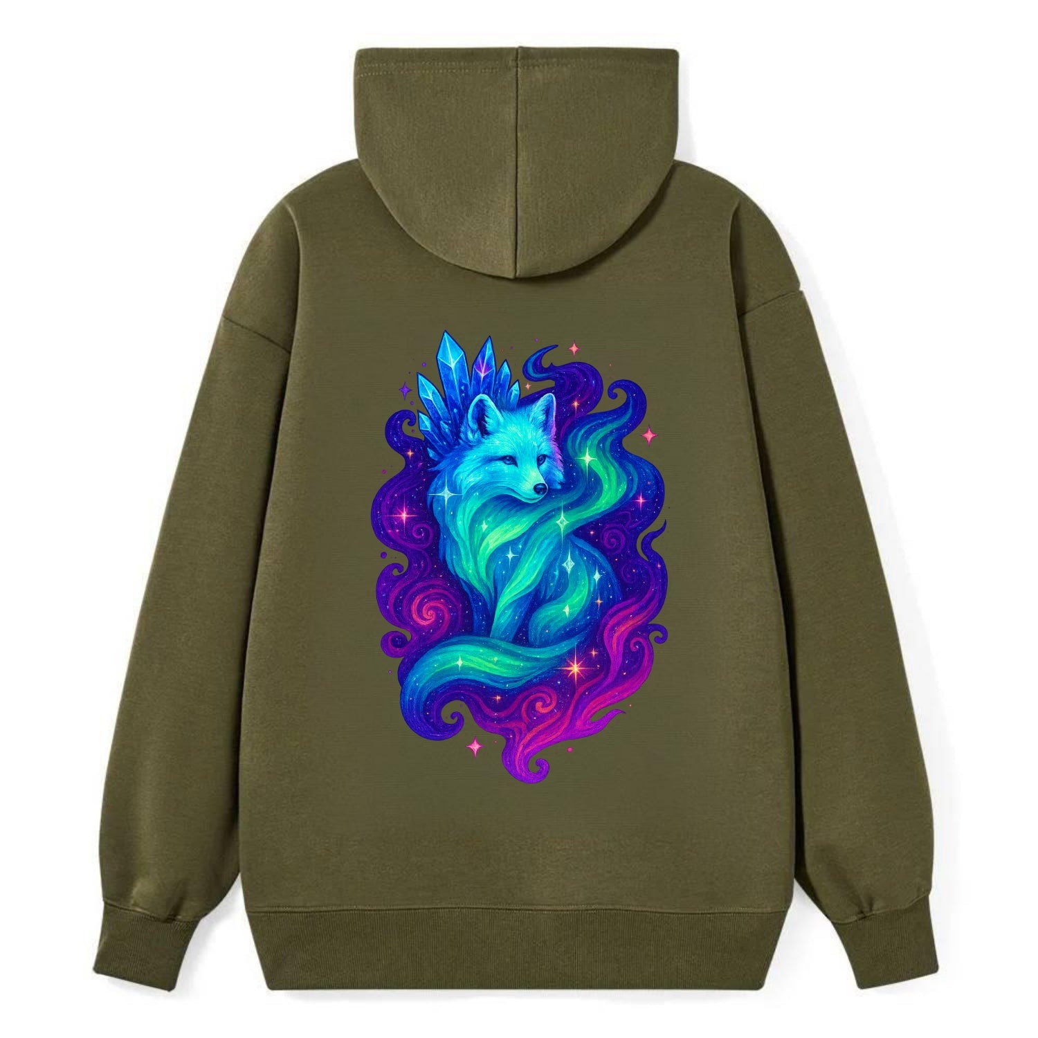 Ethereal arctic fox with fur that transforms into crystal formations, - Classic Pullover Hoodie - ArmyGreen