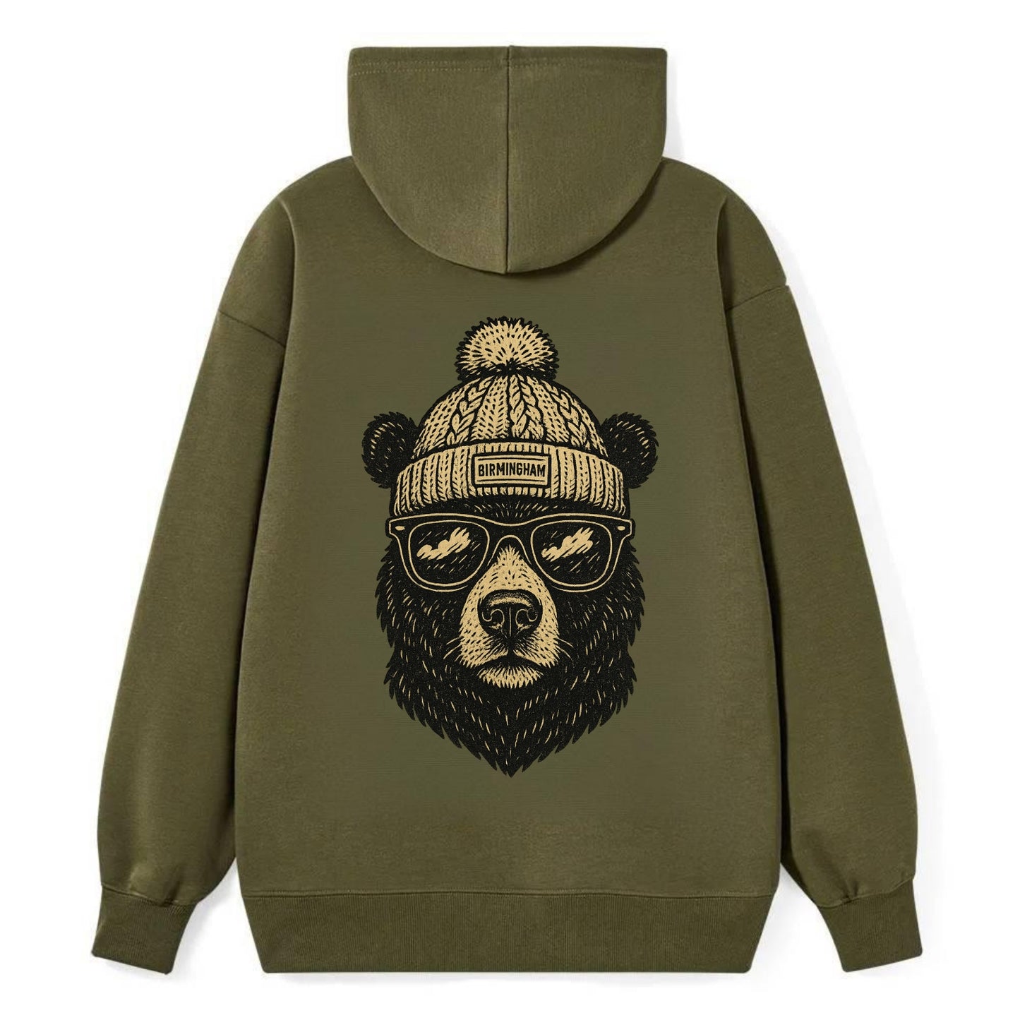Alabama Black Bear wearing Birmingham beanie with pom pom and wayfarer - Classic Pullover Hoodie - ArmyGreen