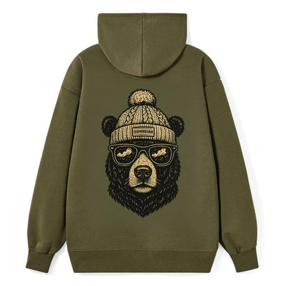 Alabama Black Bear wearing Birmingham beanie with pom pom and wayfarer - Classic Pullover Hoodie - ArmyGreen