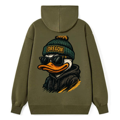 Eugene Duck wearing Oregon beanie with O patch - Classic Pullover Hoodie - ArmyGreen