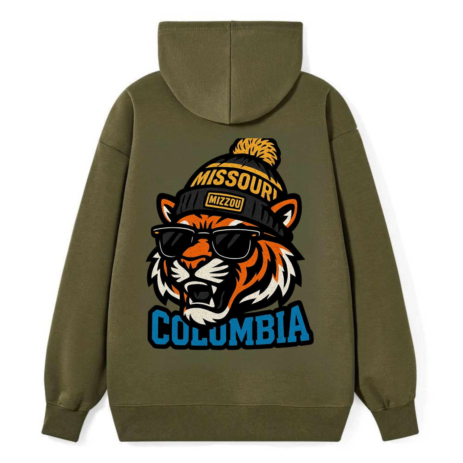 Columbia Tiger wearing Missouri beanie with Mizzou patch - Classic Pullover Hoodie - ArmyGreen