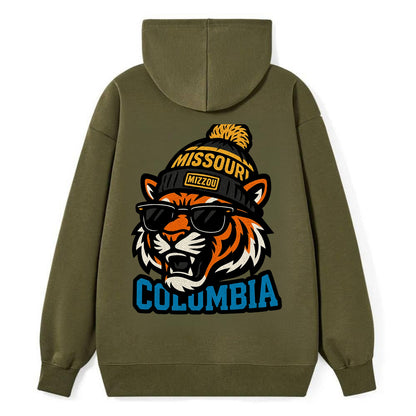 Columbia Tiger wearing Missouri beanie with Mizzou patch - Classic Pullover Hoodie - ArmyGreen