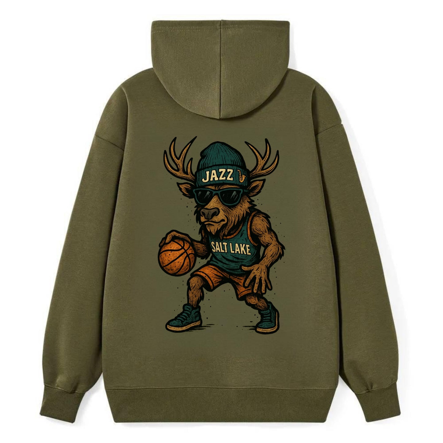 Salt Lake Elk wearing Jazz beanie with saxophone patch and wayfarer - Classic Pullover Hoodie - ArmyGreen