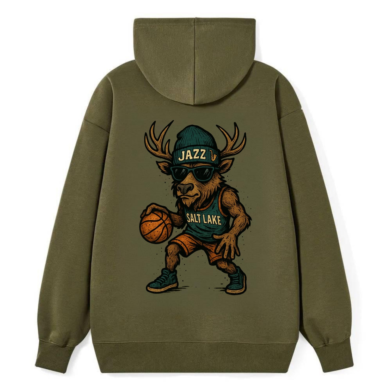 Salt Lake Elk wearing Jazz beanie with saxophone patch and wayfarer - Classic Pullover Hoodie - ArmyGreen
