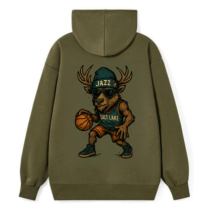 Salt Lake Elk wearing Jazz beanie with saxophone patch and wayfarer - Classic Pullover Hoodie - ArmyGreen