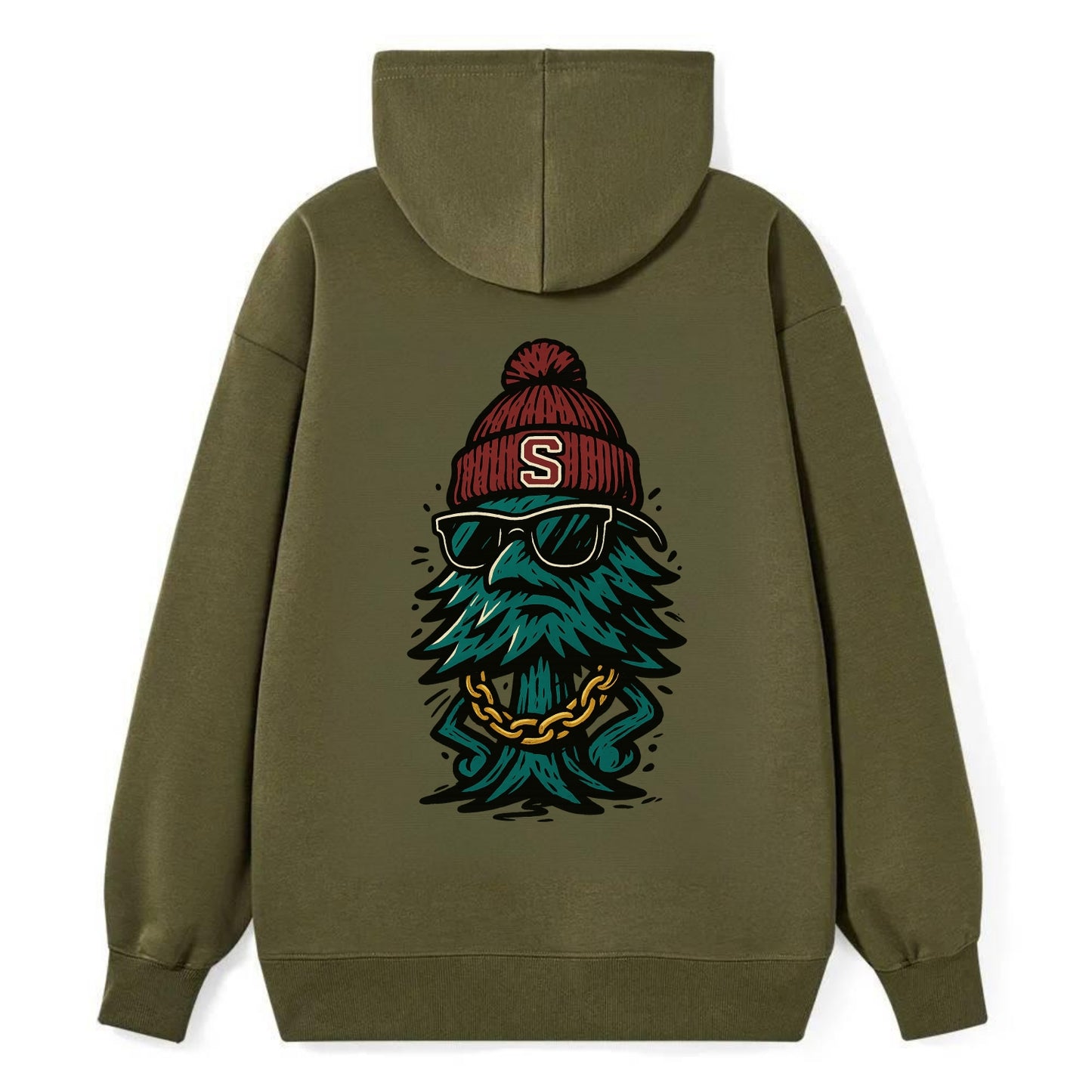 Palo Alto Tree wearing Stanford beanie with S patch - Classic Pullover Hoodie - ArmyGreen