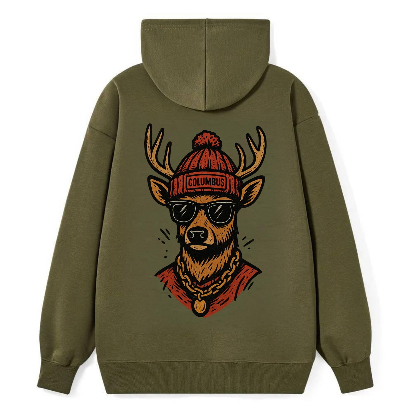 Columbus White-tailed Deer wearing Columbus beanie with pom pom and - Classic Pullover Hoodie - ArmyGreen