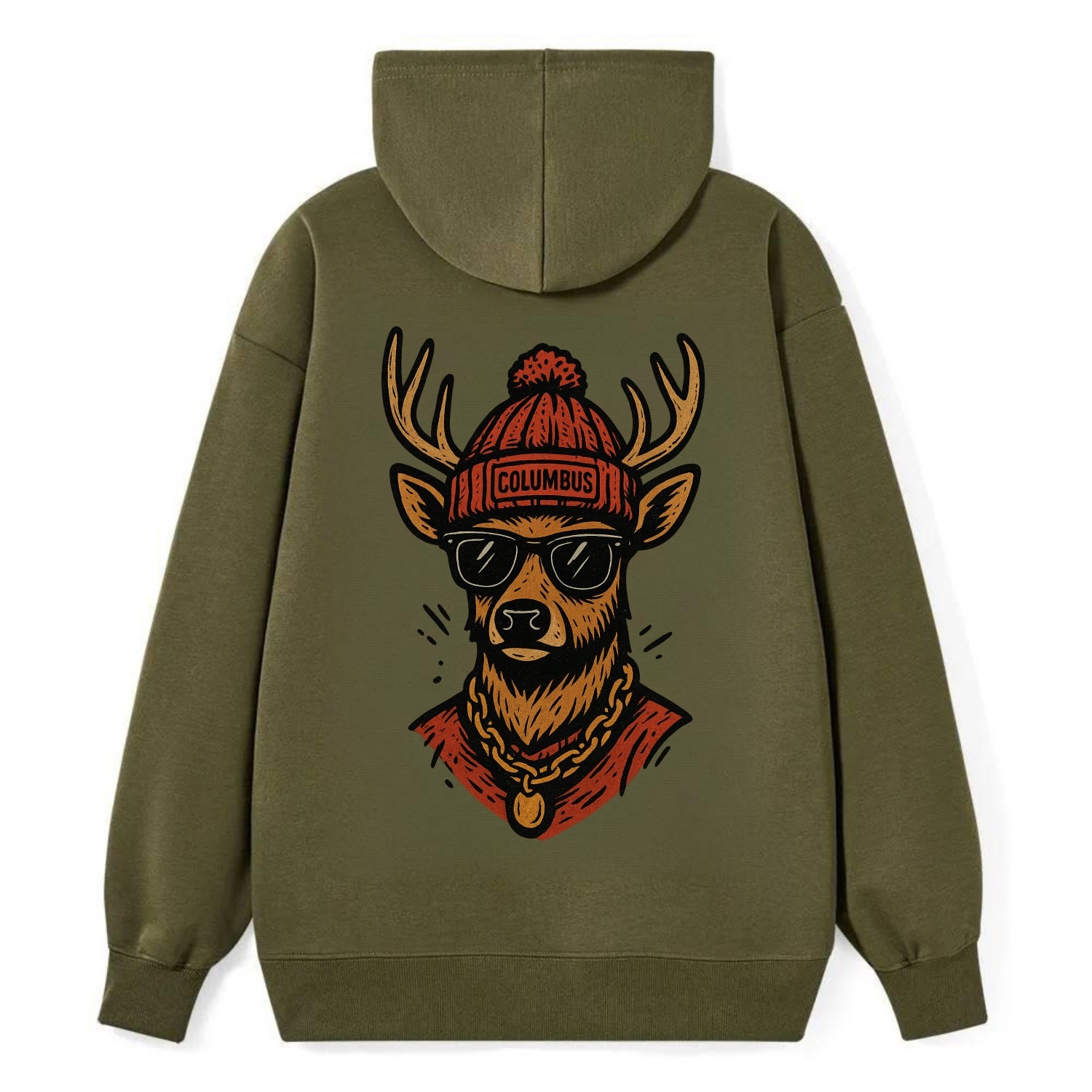 Columbus White-tailed Deer wearing Columbus beanie with pom pom and - Classic Pullover Hoodie - ArmyGreen