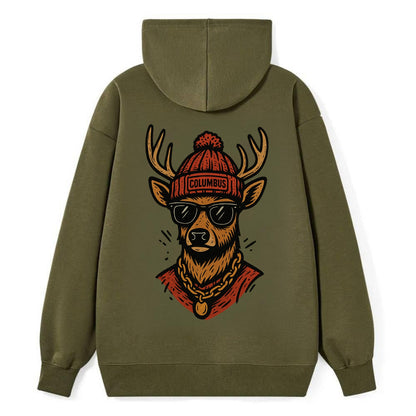 Columbus White-tailed Deer wearing Columbus beanie with pom pom and - Classic Pullover Hoodie - ArmyGreen