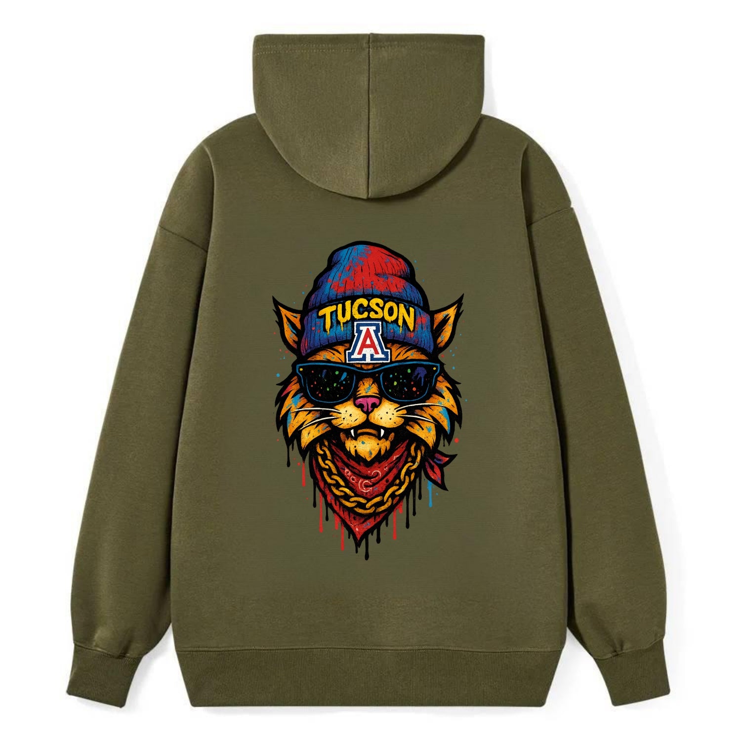 Tucson Wildcat wearing Arizona beanie with A patch - Classic Pullover Hoodie - ArmyGreen