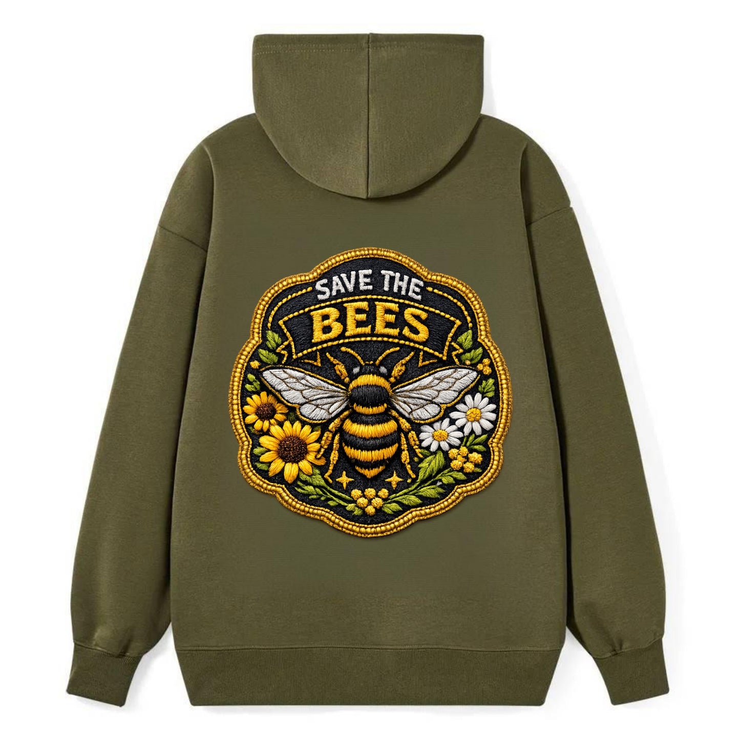 SAVE THE BEES - bee with flowers in yellow , pollinator protection - Classic Pullover Hoodie - ArmyGreen