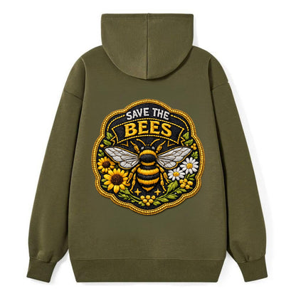 SAVE THE BEES - bee with flowers in yellow , pollinator protection - Classic Pullover Hoodie - ArmyGreen