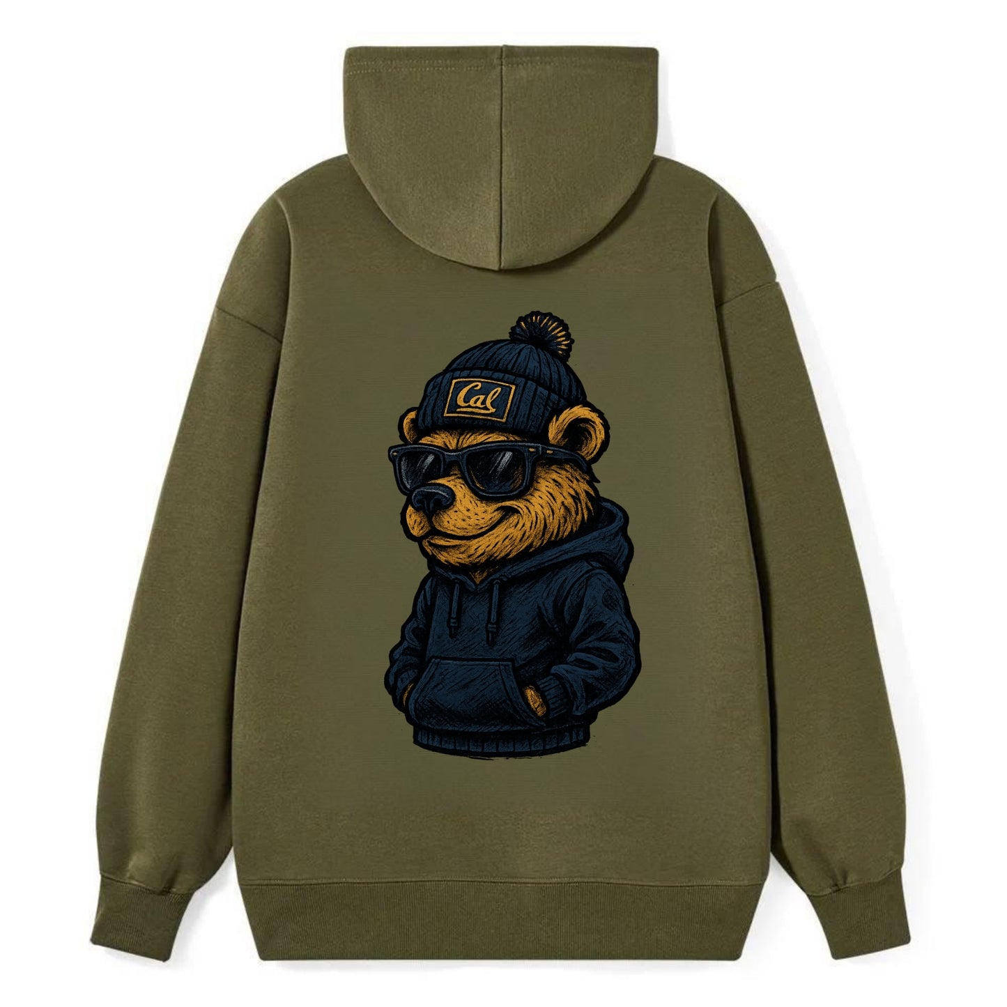 Berkeley Bear wearing Cal beanie with script patch - Classic Pullover Hoodie - ArmyGreen