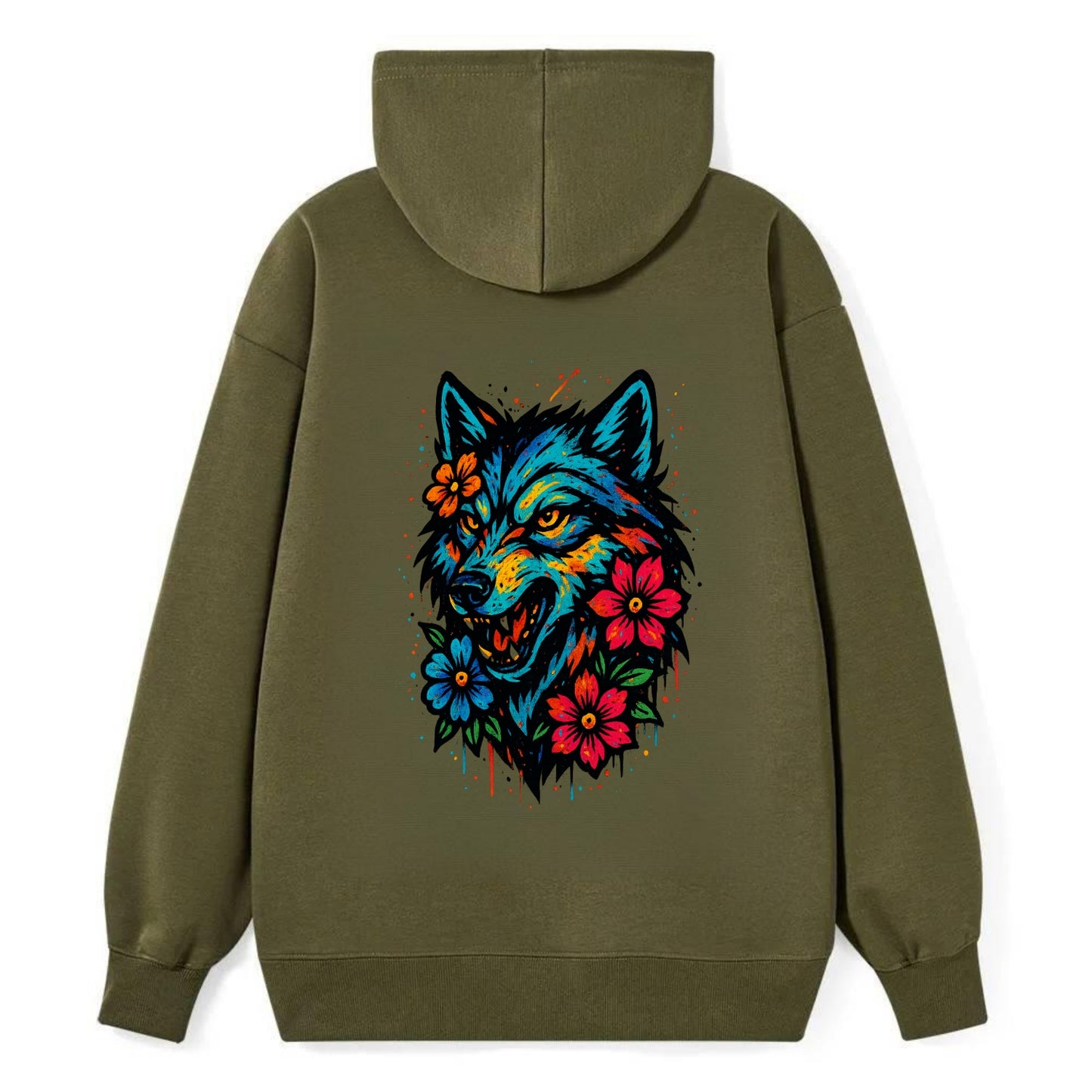 Floral Wolf Garden  - Classic Pullover Hoodie - ArmyGreen
