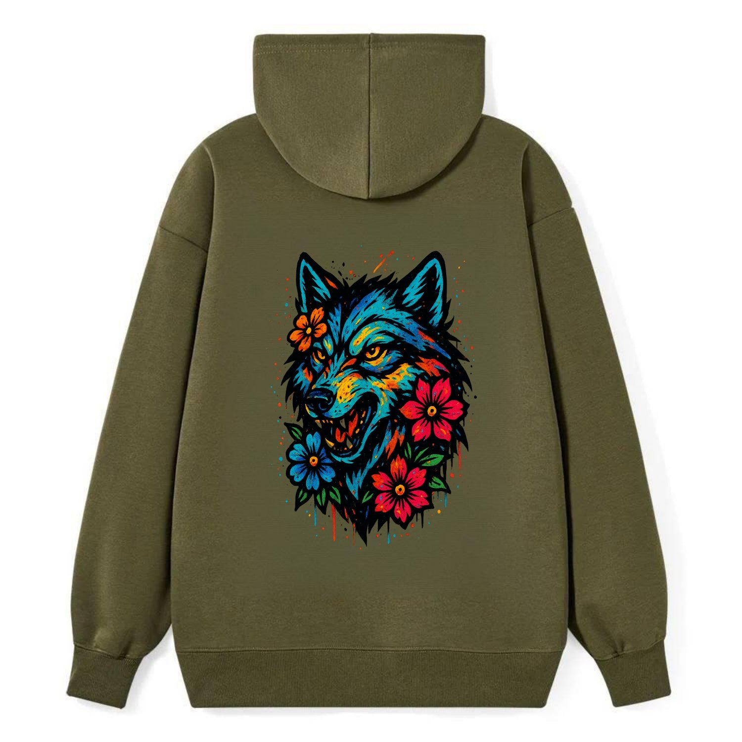 Floral Wolf Garden  - Classic Pullover Hoodie - ArmyGreen