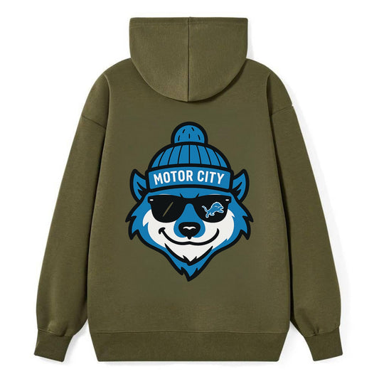 Motor City Wolverine wearing Lions beanie with gear patch and wayfarer - Classic Pullover Hoodie - ArmyGreen