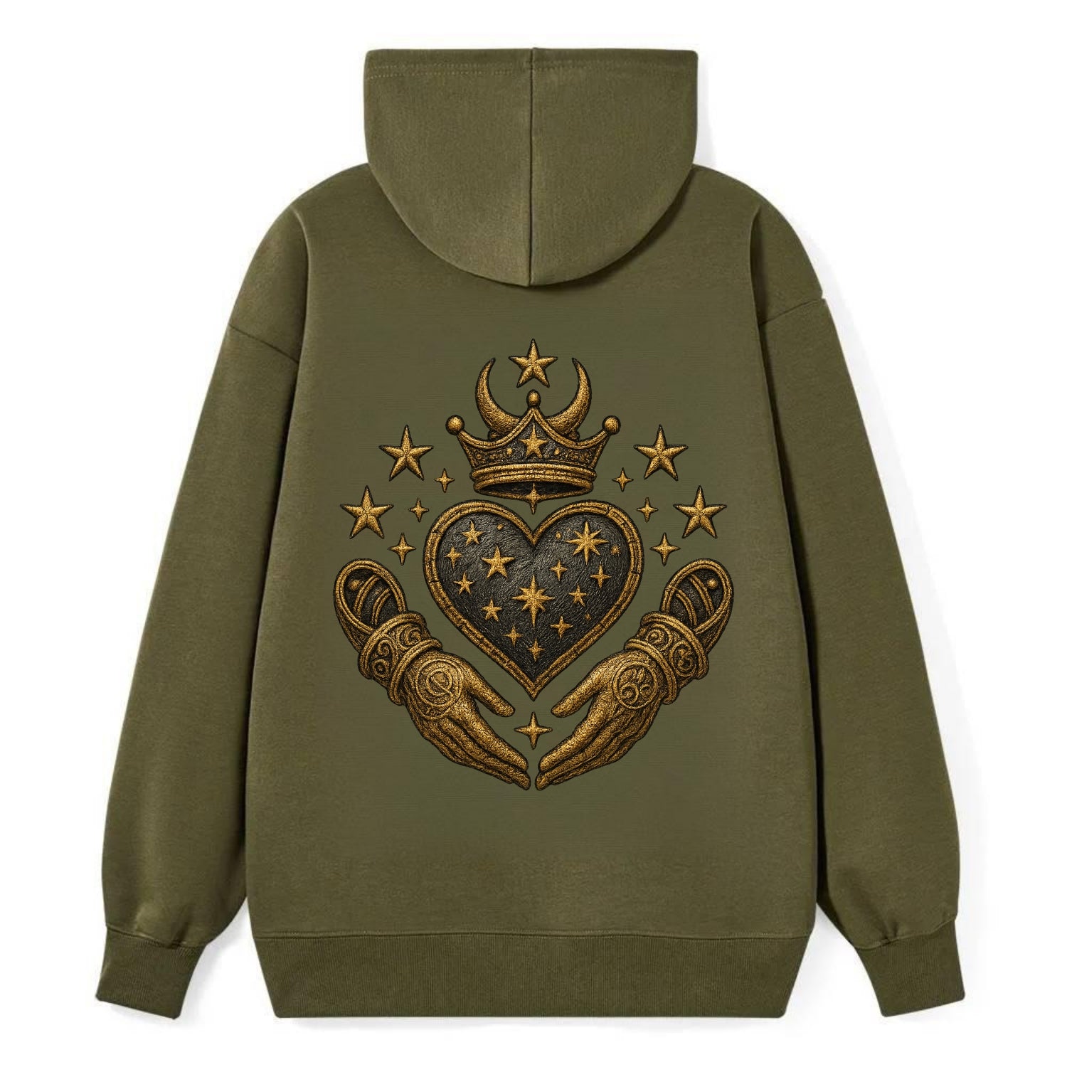 Weathered antique brass crown above a hammered gunmetal heart framed by - Classic Pullover Hoodie - ArmyGreen