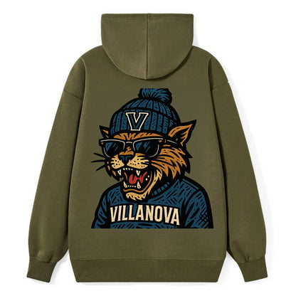 Villanova Wildcat wearing Villanova beanie with V patch - Classic Pullover Hoodie - ArmyGreen