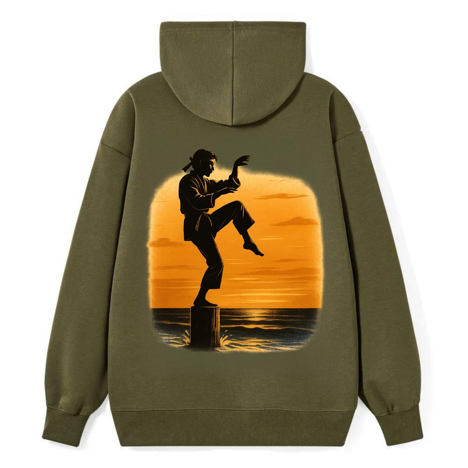 karate crane kick pose on wooden post at beach sunset - Classic Pullover Hoodie - ArmyGreen
