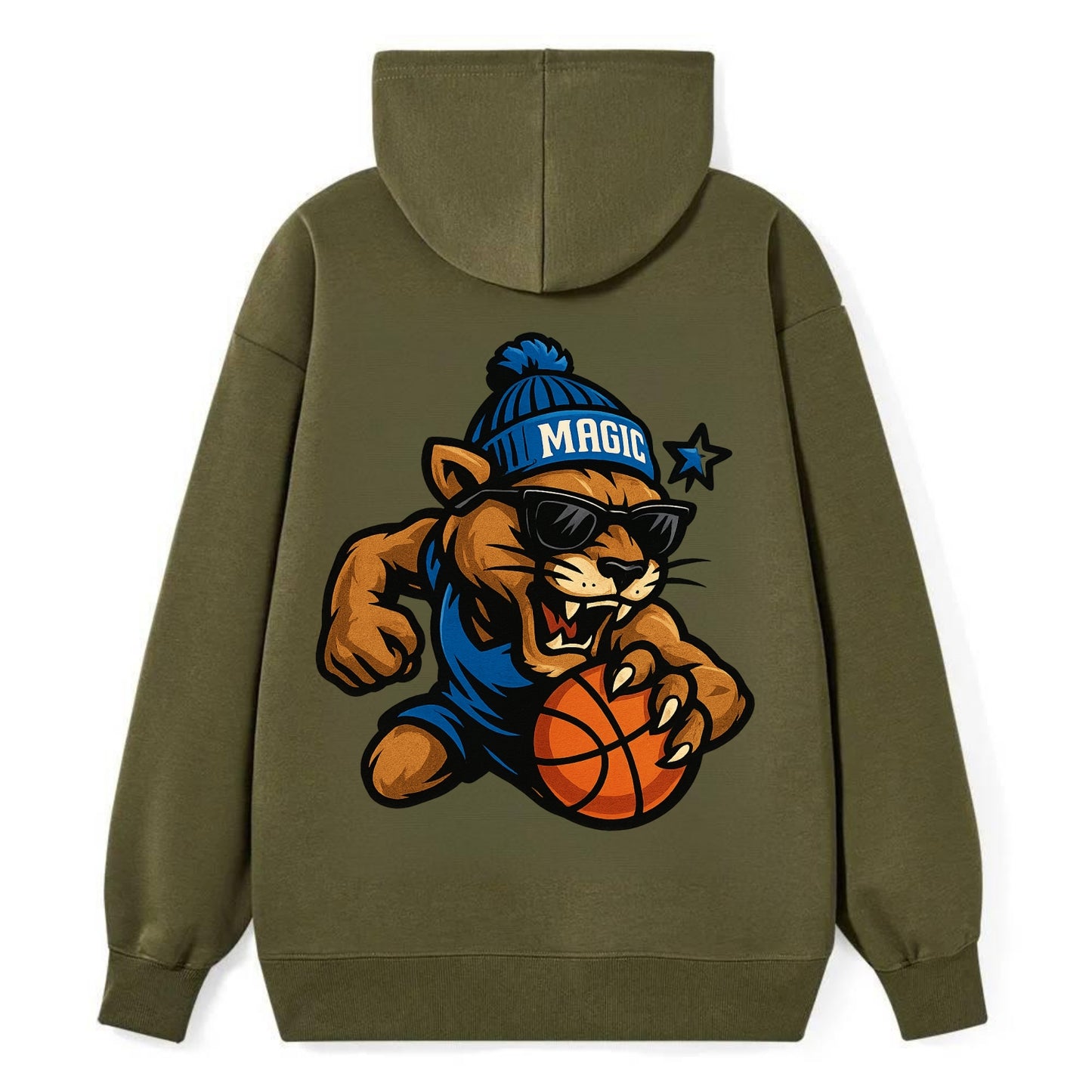 Florida Panther wearing Magic beanie with star wand patch and wayfarer - Classic Pullover Hoodie - ArmyGreen