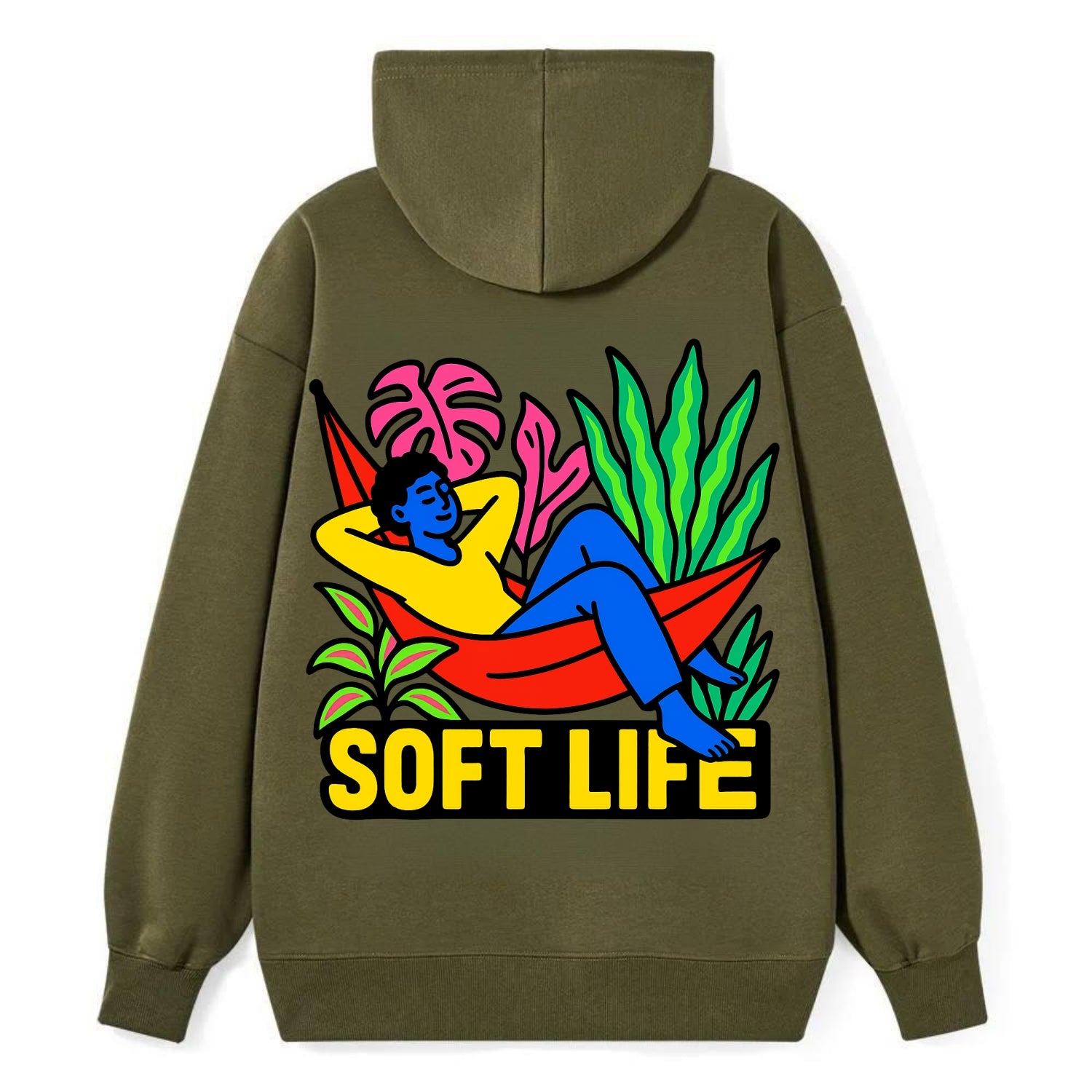 Person relaxing in hammock with plants - "soft life" aesthetic, peaceful - Classic Pullover Hoodie - ArmyGreen