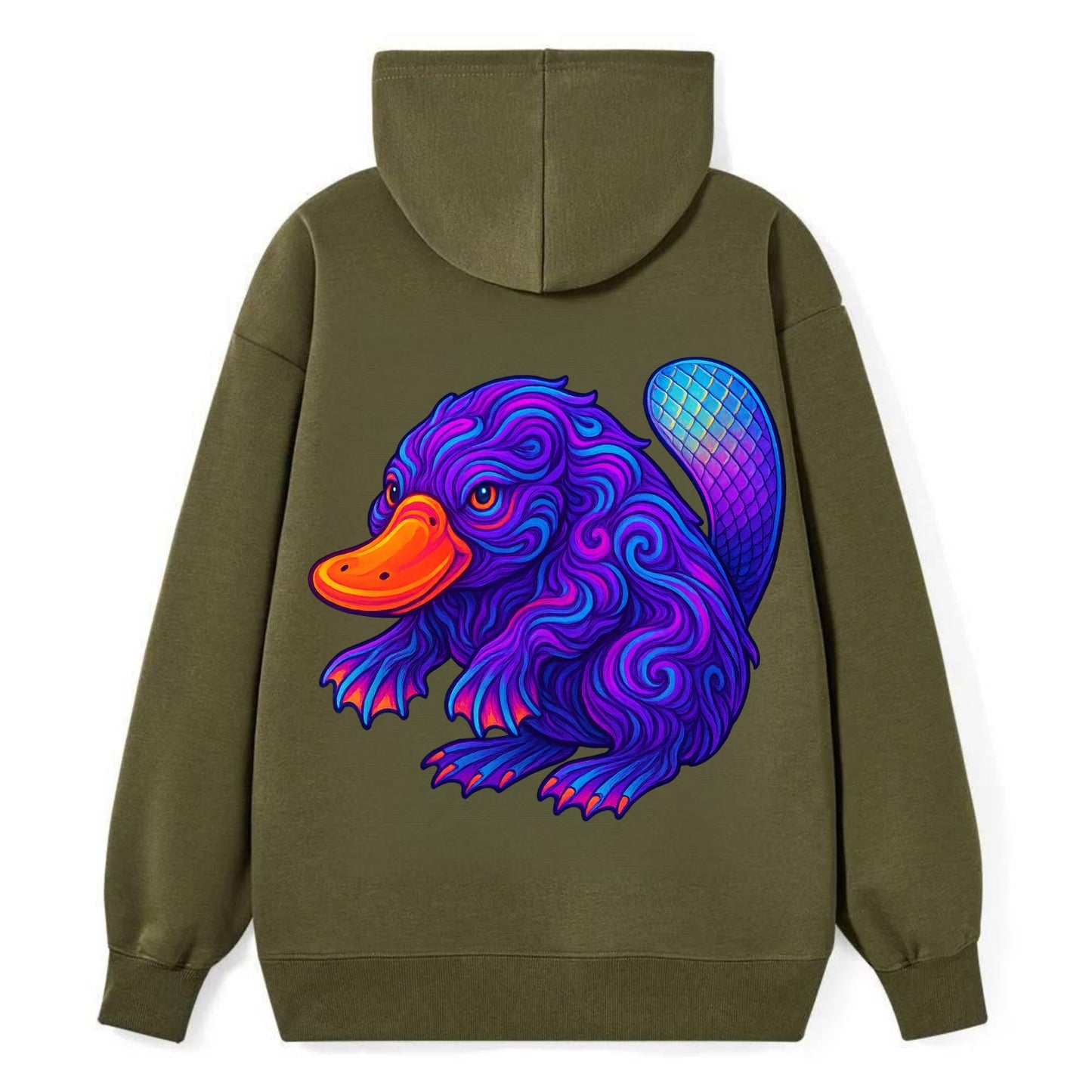 Quirky platypus with bill glowing in neon orange, beaver tail with - Classic Pullover Hoodie - ArmyGreen