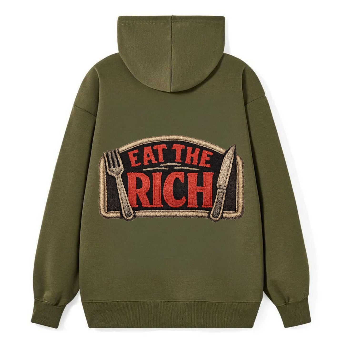 EAT THE RICH - fork and knife with text in red and silver , class war - Classic Pullover Hoodie - ArmyGreen