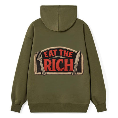 EAT THE RICH - fork and knife with text in red and silver , class war - Classic Pullover Hoodie - ArmyGreen