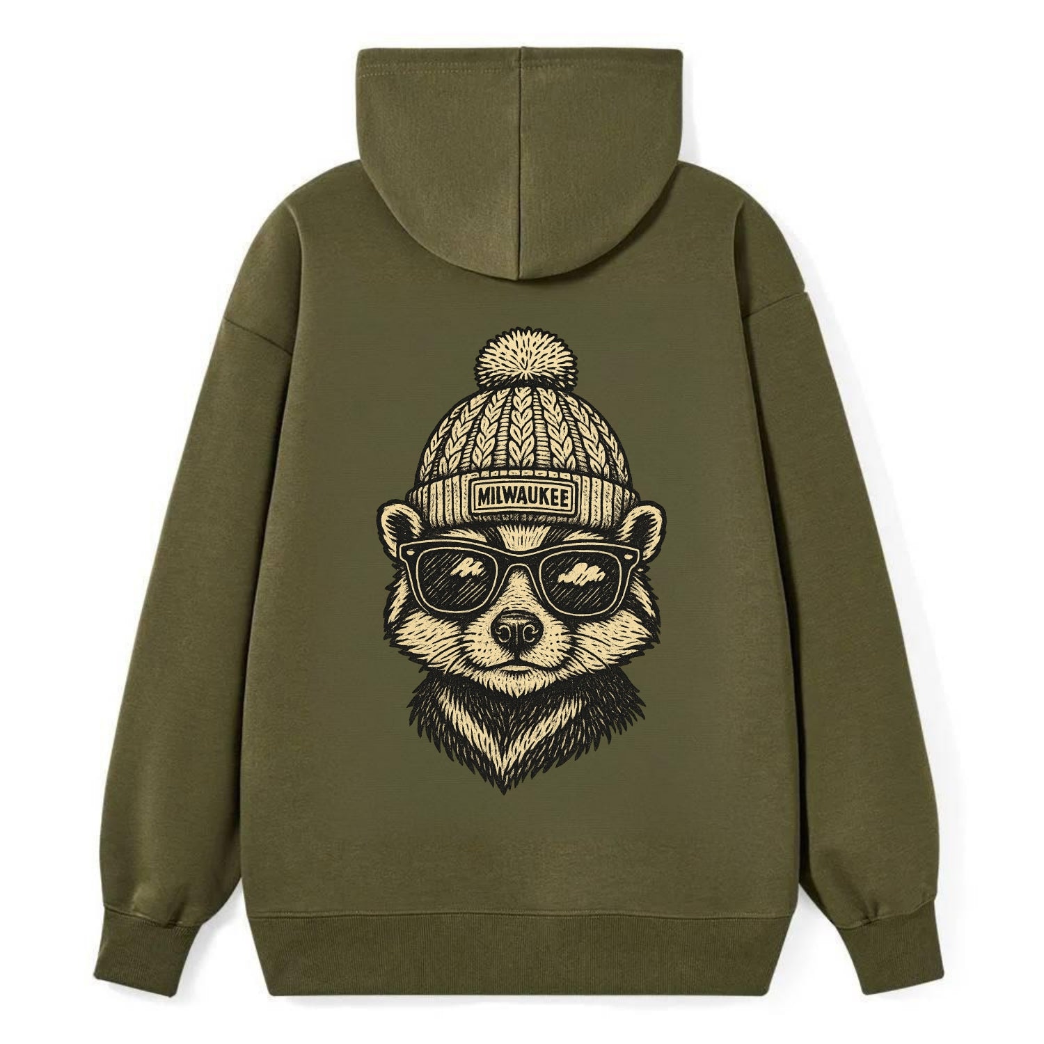 Wisconsin Badger wearing Milwaukee beanie with pom pom and wayfarer - Classic Pullover Hoodie - ArmyGreen