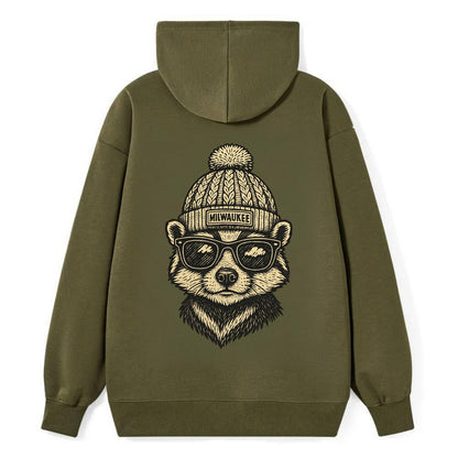 Wisconsin Badger wearing Milwaukee beanie with pom pom and wayfarer - Classic Pullover Hoodie - ArmyGreen