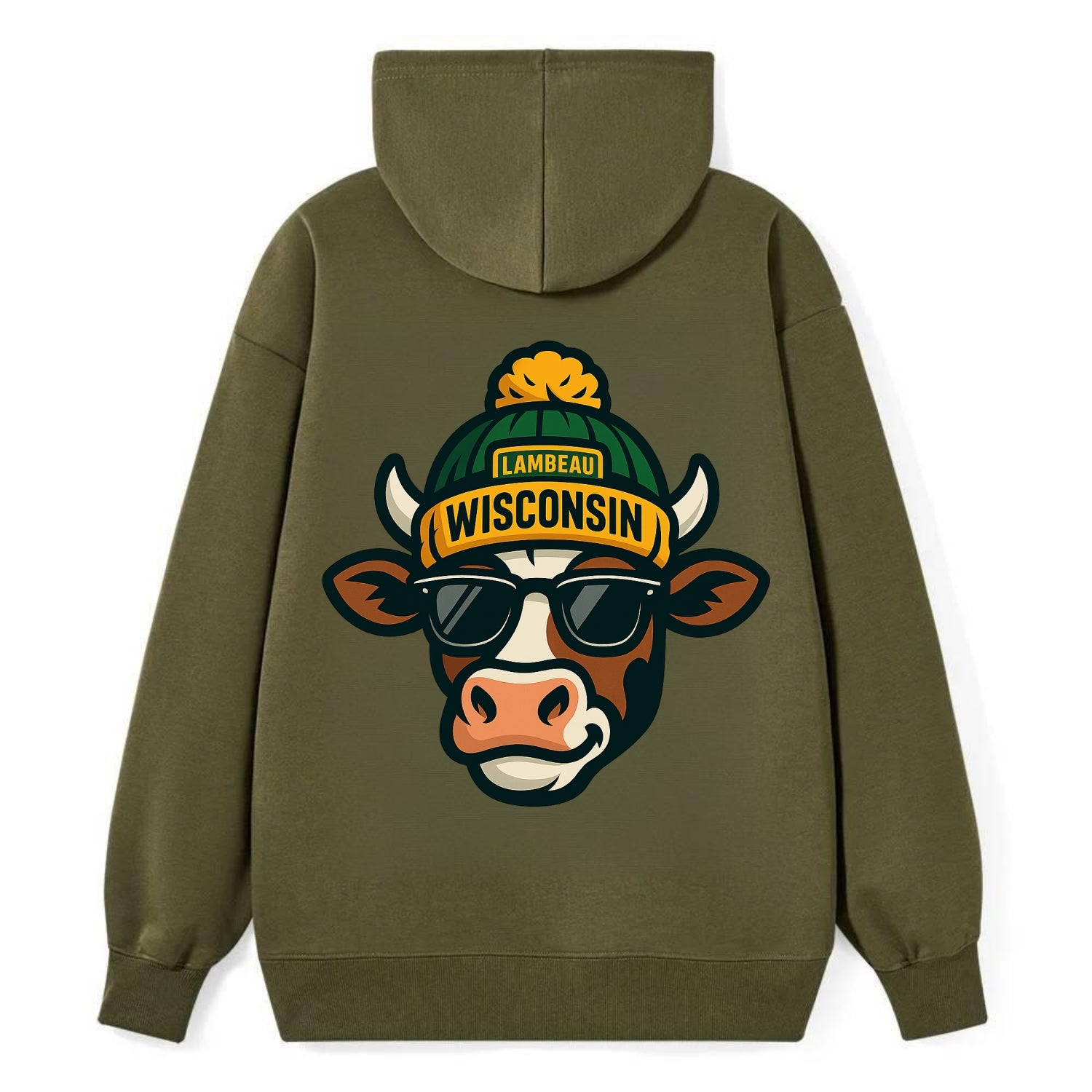 Wisconsin Cow wearing Packers beanie with Lambeau patch and wayfarer - Classic Pullover Hoodie - ArmyGreen