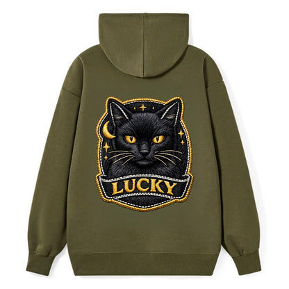 BLACK CAT LUCKY - sleek black cat with gold eyes in black , mysterious - Classic Pullover Hoodie - ArmyGreen