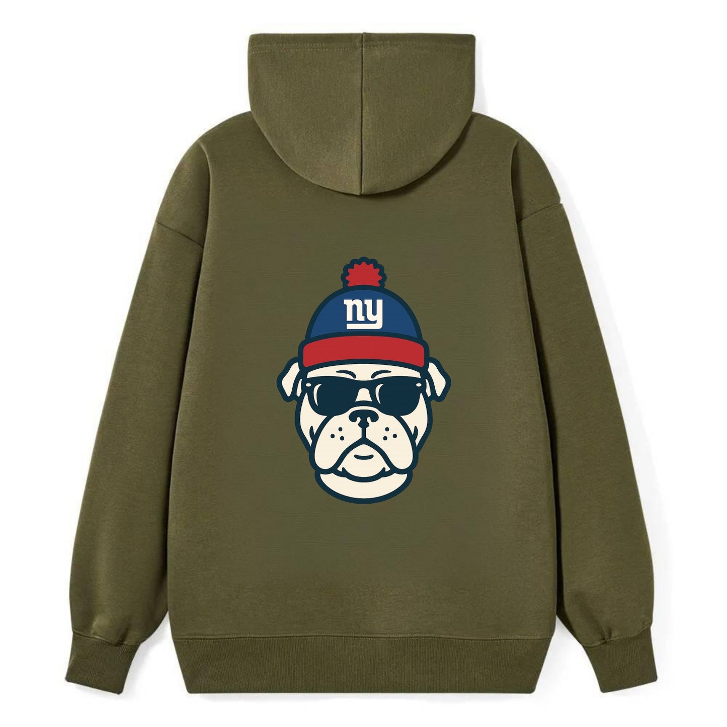 New York Bulldog wearing Giants blue and red beanie with pom pom and - Classic Pullover Hoodie - ArmyGreen