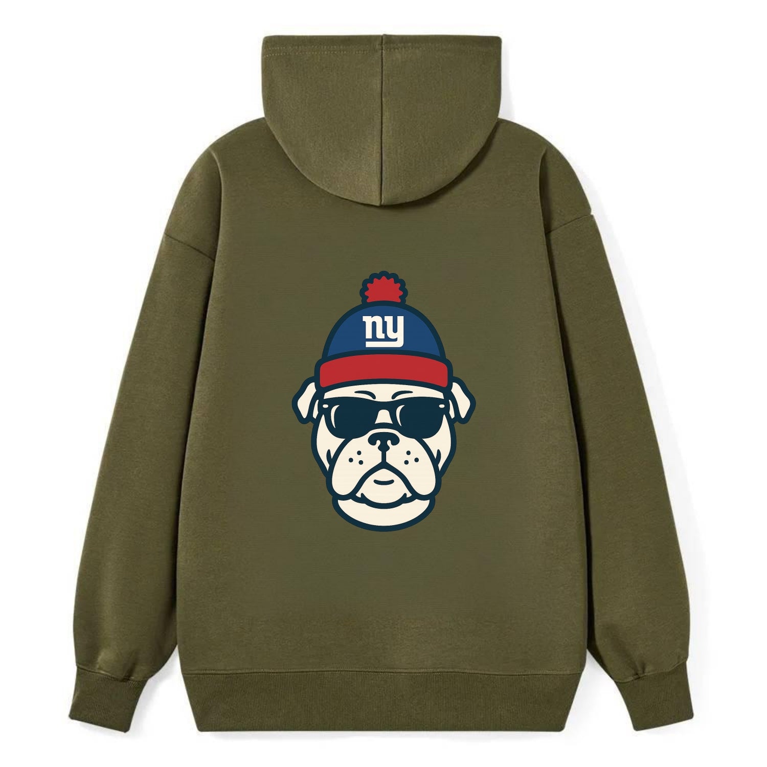 New York Bulldog wearing Giants blue and red beanie with pom pom and - Classic Pullover Hoodie - ArmyGreen