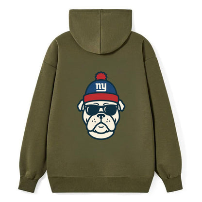 New York Bulldog wearing Giants blue and red beanie with pom pom and - Classic Pullover Hoodie - ArmyGreen