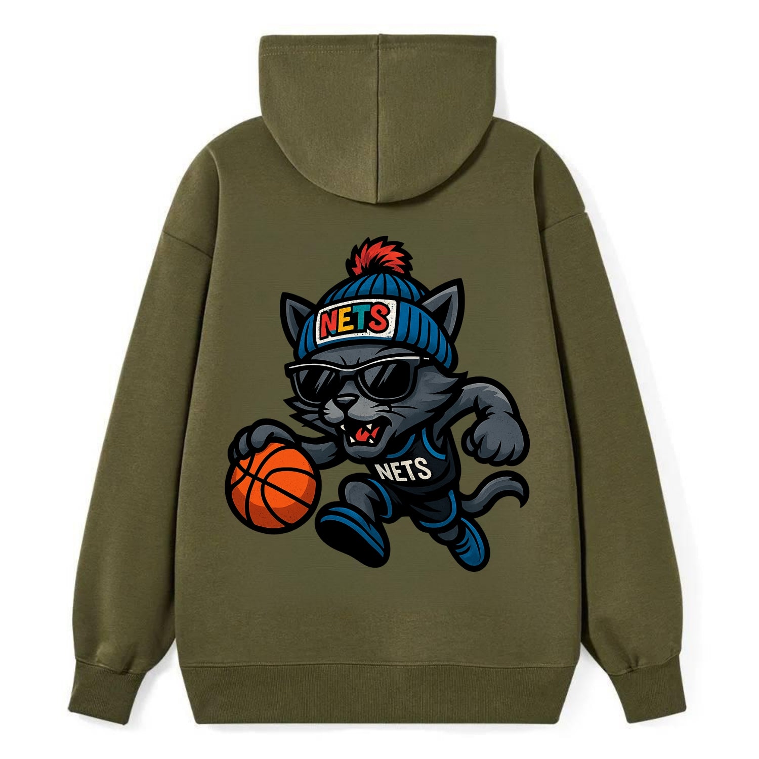 Brooklyn Cat wearing Nets beanie with street art patch and wayfarer - Classic Pullover Hoodie - ArmyGreen