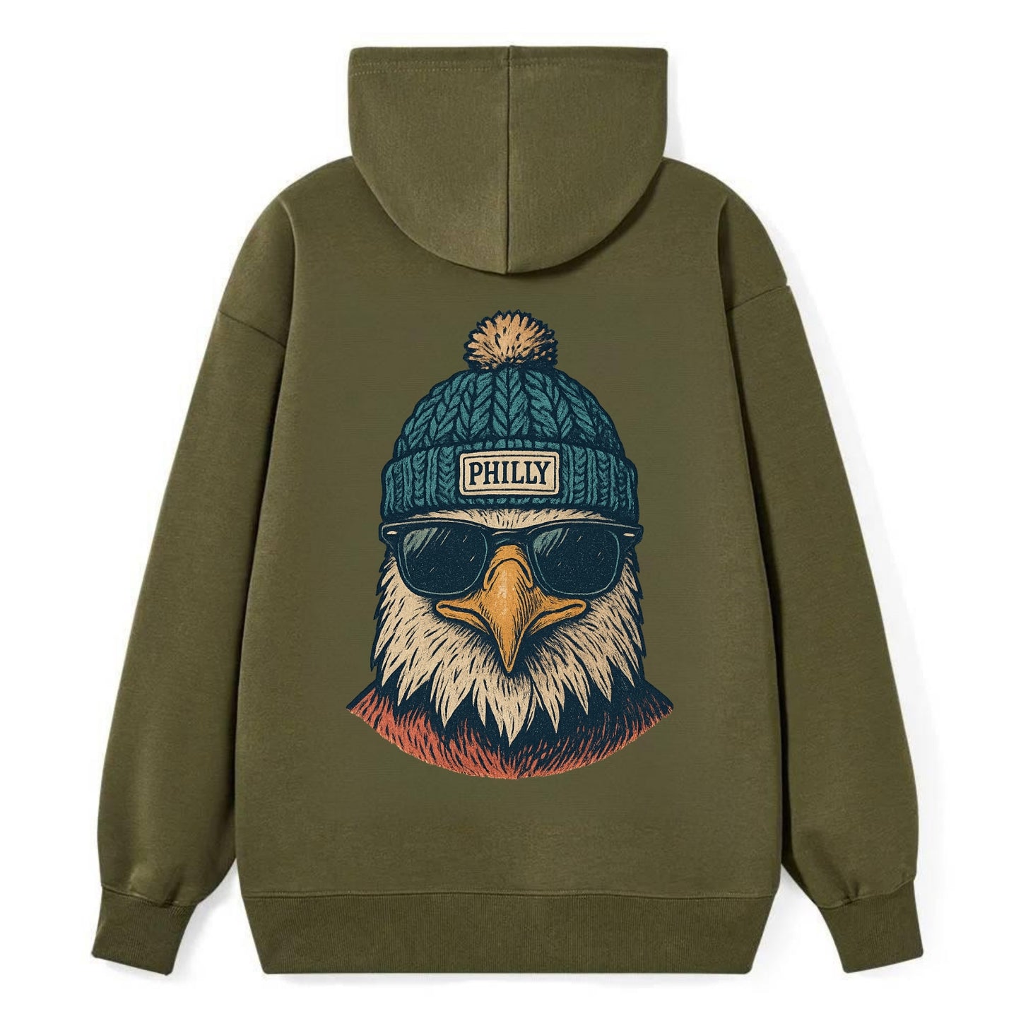 Philadelphia Eagle wearing Philly beanie with pom pom and wayfarer - Classic Pullover Hoodie - ArmyGreen