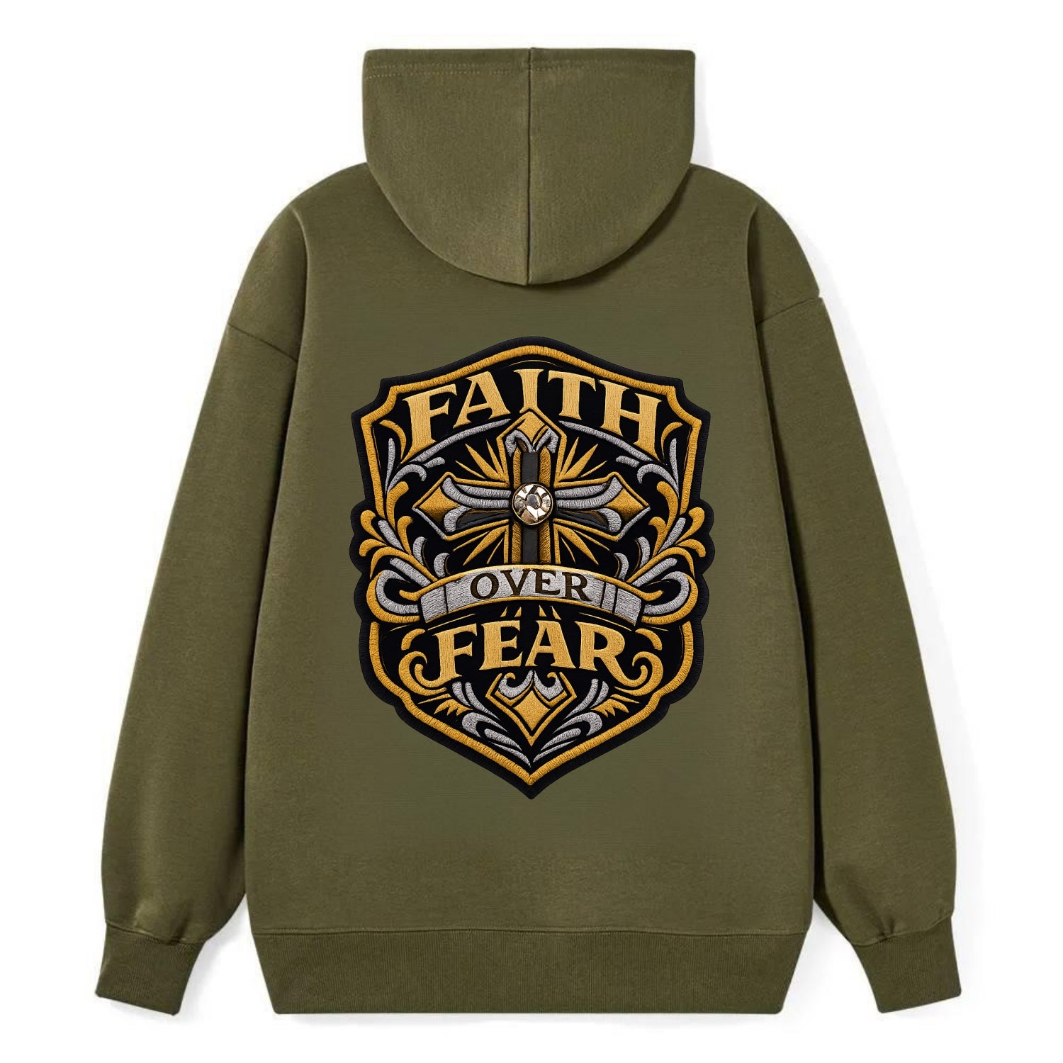 FAITH OVER FEAR - cross with text in gold , spiritual strength - Classic Pullover Hoodie - ArmyGreen