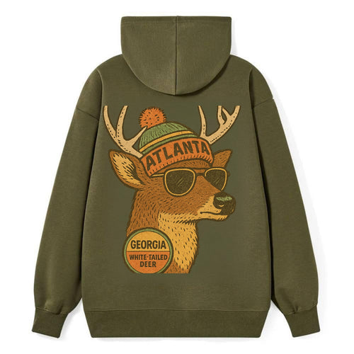 Georgia White-tailed Deer wearing Atlanta beanie with pom pom and - Classic Pullover Hoodie