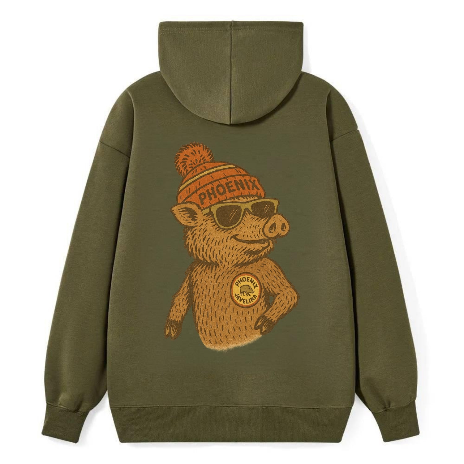 Phoenix Javelina wearing Phoenix beanie with pom pom and wayfarer - Classic Pullover Hoodie - ArmyGreen