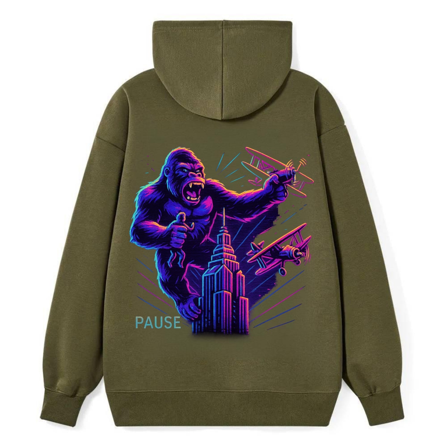 giant gorilla on top of skyscraper holding small figure, swatting planes - Classic Pullover Hoodie - ArmyGreen