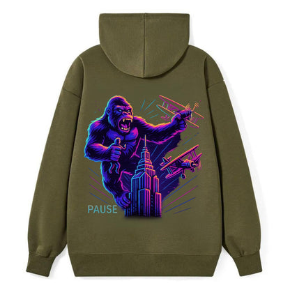 giant gorilla on top of skyscraper holding small figure, swatting planes - Classic Pullover Hoodie - ArmyGreen