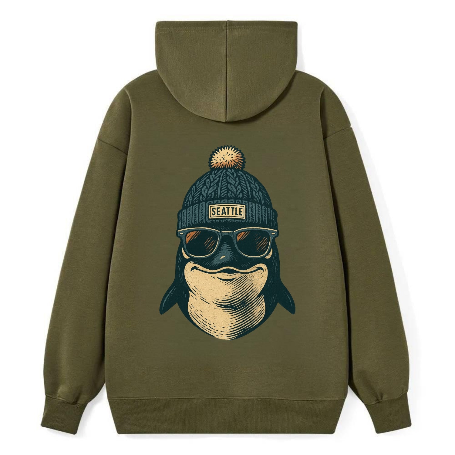 Washington Orca wearing Seattle beanie with pom pom and wayfarer - Classic Pullover Hoodie - ArmyGreen