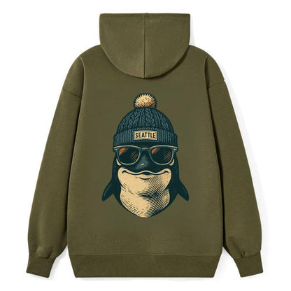 Washington Orca wearing Seattle beanie with pom pom and wayfarer - Classic Pullover Hoodie - ArmyGreen