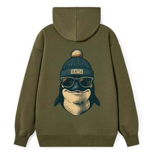 Washington Orca wearing Seattle beanie with pom pom and wayfarer - Classic Pullover Hoodie