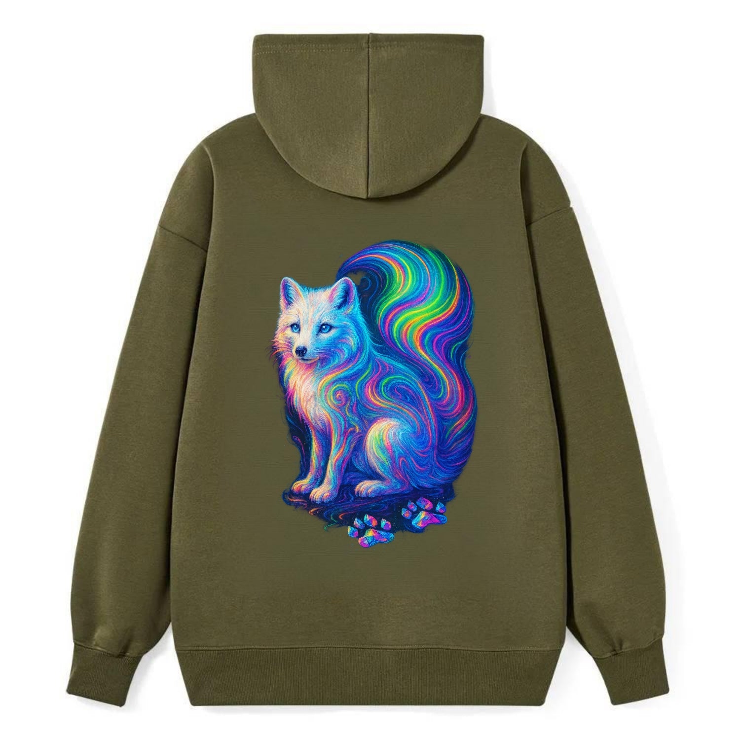 Graceful arctic fox with tail streaming aurora colors, white fur with - Classic Pullover Hoodie - ArmyGreen