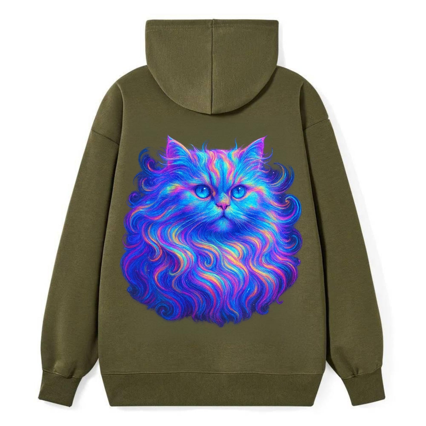 Luxurious Persian cat with flowing fur that refracts into rainbow prisms, - Classic Pullover Hoodie - ArmyGreen